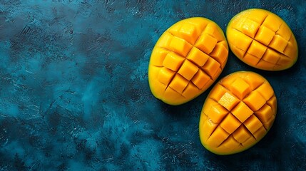 Poster - Fresh mango organic fruit on blue background Top view Copy space : Generative AI