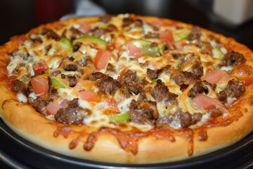 Close up of a delicious meat lover's pizza with melted cheese, tomato, green pepper, and beef.