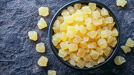 Poster - Candied ginger in black bowl on dark stone background Top view : Generative AI