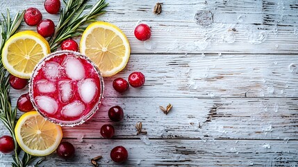 Poster - Cranberry and rosemary lemonade cocktail fizz on a white wooden background : Generative AI
