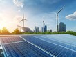 © Sinechana - 2408 50.A factory rooftop featuring rows of solar panels, with large wind turbines positioned nearby, all under a clear blue sky. The scene captures the essence of renewable energy integration in