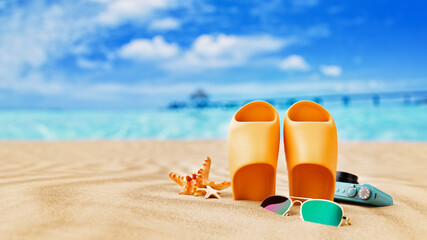 A vibrant beach scene with yellow sandals, starfish, sunglasses, and a camera, set against a bright blue ocean and sky, evoking a carefree vacation mood.