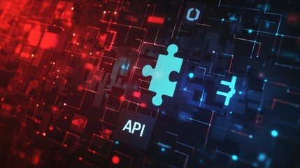 Digital representation of API integration concept with interlocking puzzle pieces against a futuristic tech-inspired