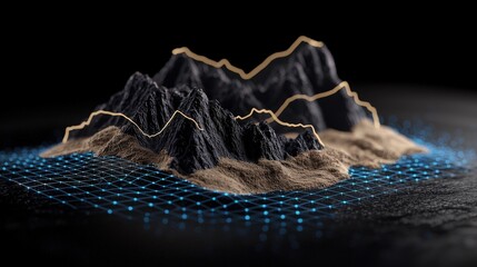 Wall Mural - Abstract 3D Mountain Landscape with Glowing Lines and Digital Grid