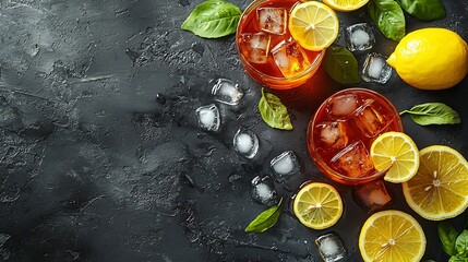 Poster - Ice tea with fresh lemons Grey background Copy space Top view : Generative AI