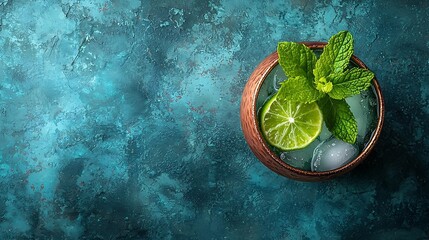 Poster - Moscow Mule cocktail in copper mug with fresh mint lime Dark marble background Copy space Top view : Generative AI