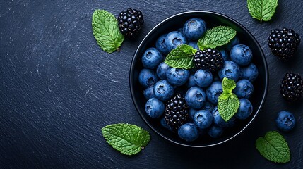 Poster - Fresh blueberry and blackberry berries with mint leaves in black bowl on blue stone background Top view Copy space : Generative AI