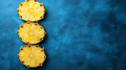 Poster - Fresh pineapple slices on blue background Top view Copy space : Generative AI