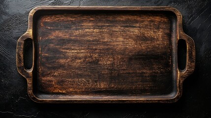 Poster - Wooden tray cutting board Dark background Frame copy space Top view : Generative AI