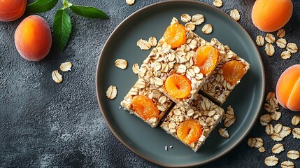 Poster - Oat coconut apricot bars with white chocolate on a plate Grey background Top view : Generative AI