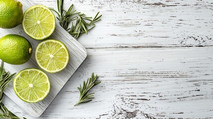 Poster - Fresh limes and rosemary springs on white wooden cutting board Copy space : Generative AI
