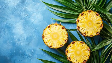 Poster - Fresh pineapple slices with palm leaf on blue background Top view Copy space : Generative AI