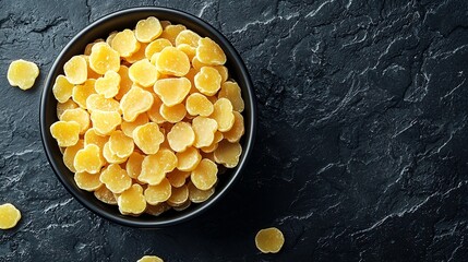 Poster - Candied ginger in black bowl on dark stone background Top view : Generative AI