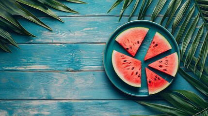 Poster - Watermelon slices on a blue plate Colorful wooden background with palm leaves : Generative AI