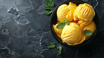 Poster - Mango ice cream tropical fruit sorbet in black bowl on slate background Copy space Top view : Generative AI