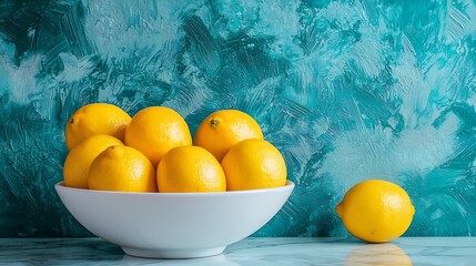 Poster - Fresh Meyer lemons in white bowl on marble board Blue background Copy space : Generative AI