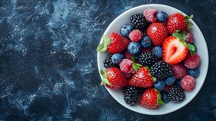 Poster - Blueberry and blackberry berries on a white plate on blue stone background Top view : Generative AI