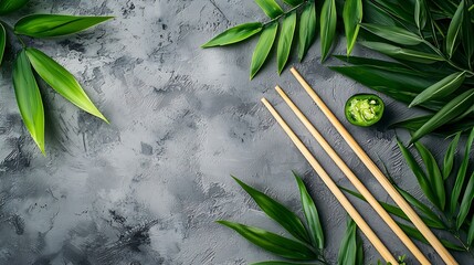 Poster - Bamboo mat with chopsticks Grey background Copy space Top view : Generative AI