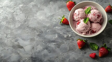 Poster - Strawberry ice cream in bowl on grey stone background Homemade organic product Top view Copy space : Generative AI
