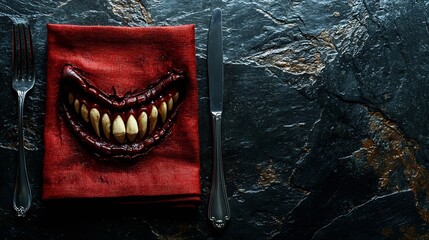 Poster - Halloween hollyday table setting decoration with vampire teeth and red napkin Black slate background Copy space Top view : Generative AI
