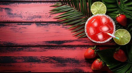 Poster - Strawberry margarita cocktail on colorful wooden background with palm leaf : Generative AI