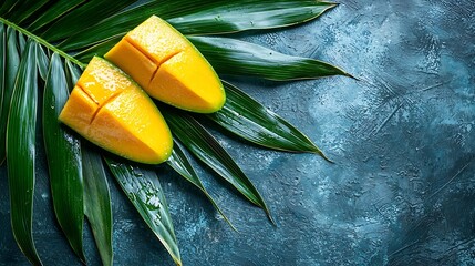 Poster - Fresh mango on a palm leaf Blue background Top view : Generative AI