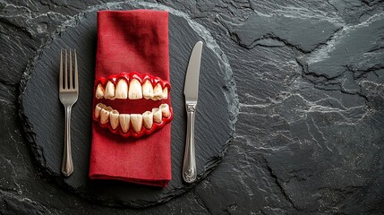 Poster - Halloween hollyday table setting decoration with vampire teeth and red napkin Black slate background Copy space Top view : Generative AI