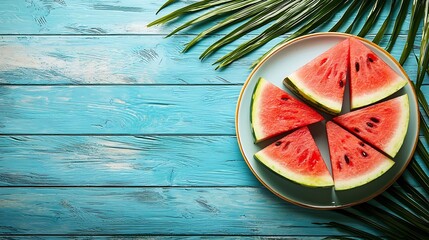 Poster - Watermelon slices and juice on a plate Colorful wooden background with palm leave Top view : Generative AI