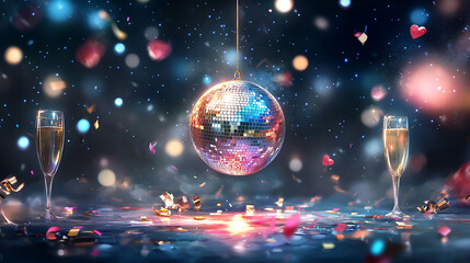 vibrant disco ball hangs above two champagne glasses, surrounded by colorful confetti and hearts, creating festive and joyful atmosphere perfect for celebrations