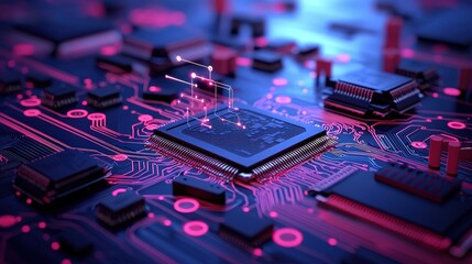 Canvas Print - Futuristic Circuit Board with CPU and Glowing Lines   Technology Background