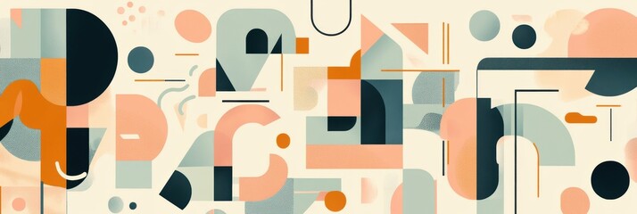 Pastel Geometric Harmony, vibrant flat illustration featuring a seamless pattern of abstract shapes in soothing pastel tones, ideal for modern design projects