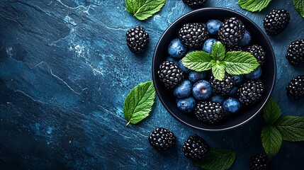Poster - Blueberry and blackberry berries in black bowl on blue stone background Top view Copy space : Generative AI