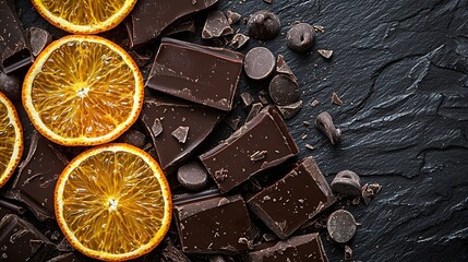 Wall Mural - Candied orange slices in chocolate Slate background : Generative AI