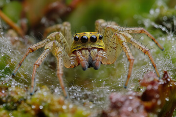 Wall Mural - Spider resting in the center of a dew-covered web