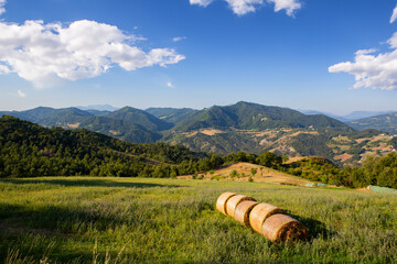 Scenic view of Emilia-Romagna hills with cultivated fields and hay bales, showcasing the region’s rural beauty and agricultural landscape