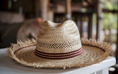 A close-up photo of Straw hat isolated on white background, clipping path on white table.  