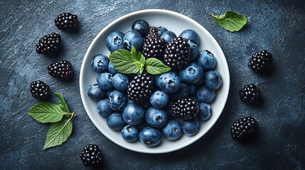 Poster - Blueberry and blackberry berries on a white plate on blue stone background Top view : Generative AI