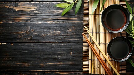 Poster - Asian table place setting with bamboo placemat sauce bowl and chopsticks Top view Copy space : Generative AI