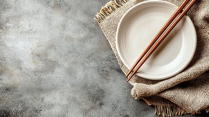 Poster - Asian table place setting with white plate and chopsticks Top view Copy space Grey background Close up Top view : Generative AI