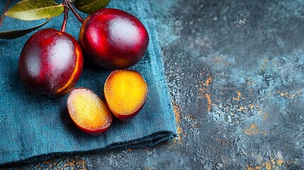 Poster - Tamarillo fruits with slice on blue napkin Outdoor background : Generative AI