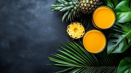 Poster - Pineapple with tropical fruit juice smoothie on dark background Copy space Top view : Generative AI