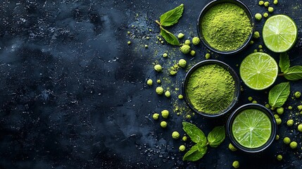 Poster - Ingredients for cooking matcha mint ice tea with limes Foodstyling process : Generative AI