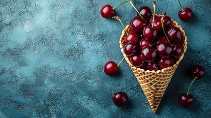 Poster - Cherries in waffle cone on blue stone background Top view Copy space : Generative AI