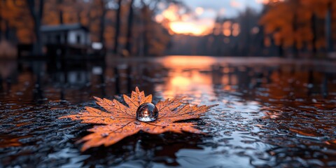 Poster - Autumn Leaf with Raindrop and Sunset Reflection