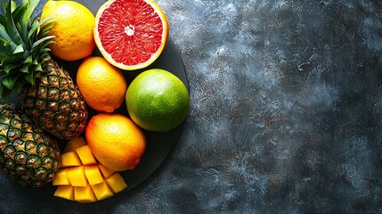 Poster - Tropical fruits assortment on a plate Slate background Copy space Top view : Generative AI