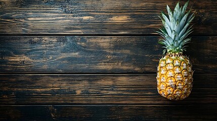 Poster - Pineapple on wooden table Tropical summer background Copy space : Generative AI