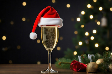 Champagne glass with christmas decoration on bokeh background.