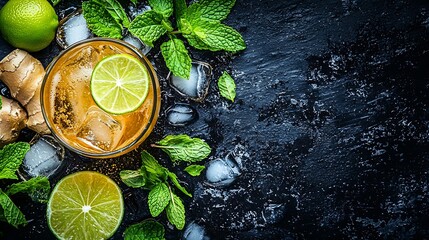 Poster - Moscow Mules cocktail with ginger beer vodka lime and mint Grey background Copy space : Generative AI