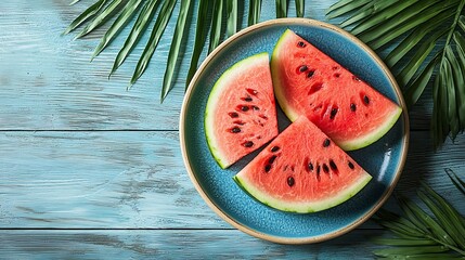 Poster - Watermelon slices on a blue plate Colorful wooden background with palm leaves Top view : Generative AI
