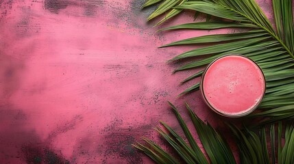 Poster - Watermelon smoothie fresh juice on colorful wooden background with palm leaves Top view : Generative AI